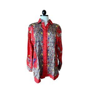 Paolo Santini VTG 8 100% Silk Button Down Red Victorian Heels Long Sleeve Blouse